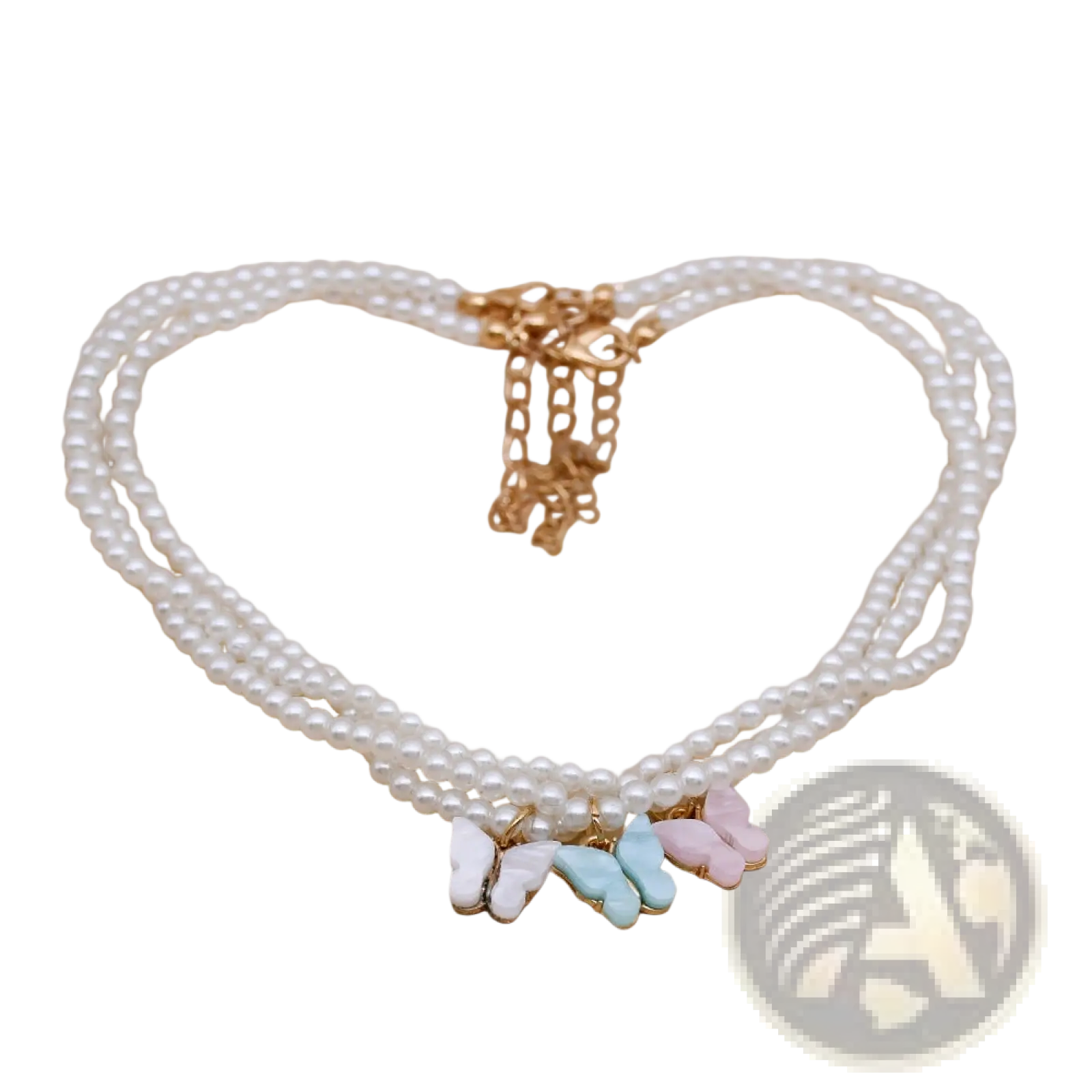 Elegant pearl butterfly charm choker necklace with triple strands and three pastel butterfly charms in white blue and pink