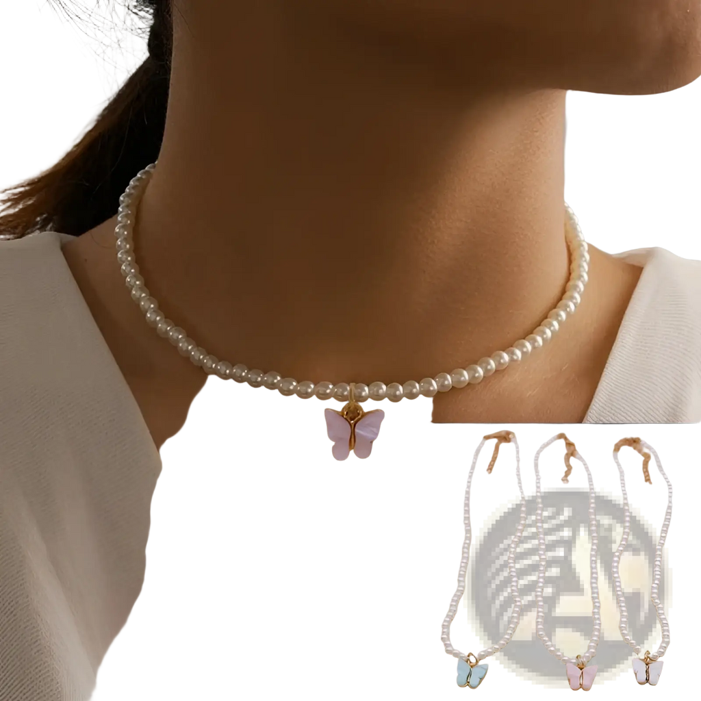 Elegant pearl butterfly charm choker necklace with a delicate pearl strand and soft pink butterfly pendant