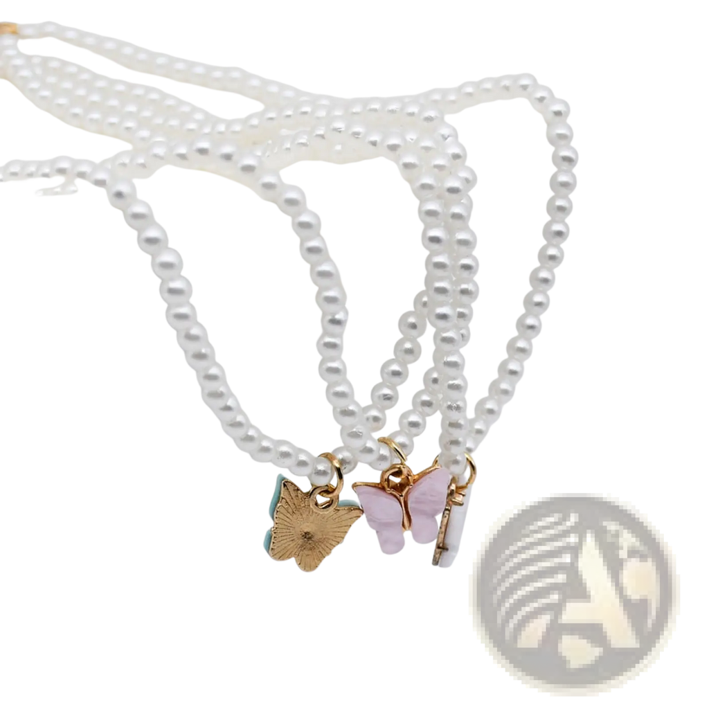 Elegant pearl butterfly charm choker necklace featuring white pearls with gold and pink butterfly charms