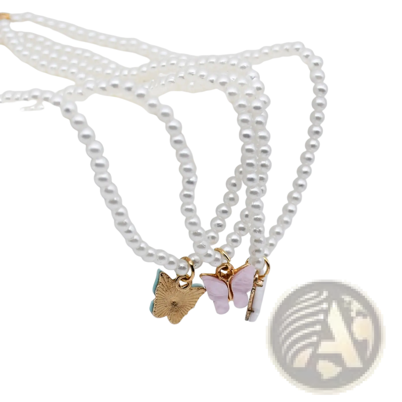 Elegant pearl butterfly charm choker necklace featuring white pearls with gold and pink butterfly charms