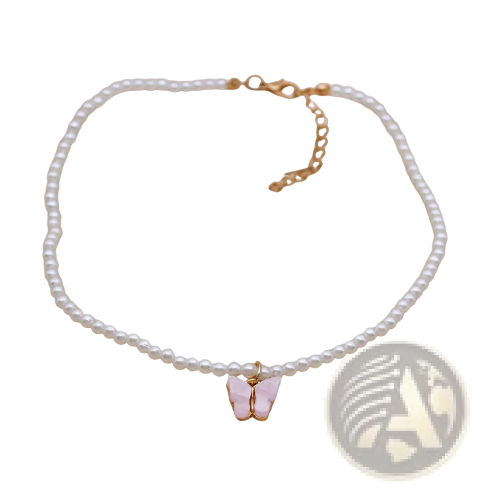 A delicate pearl choker necklace with a soft pink butterfly pendant featuring gold-tone accents