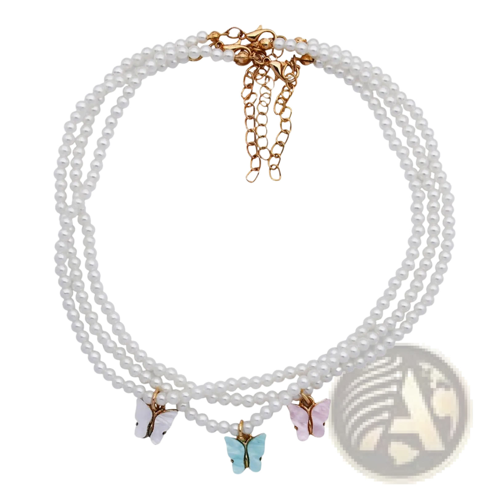 Elegant pearl butterfly charm choker necklace with triple-strand pearls and colorful enamel butterfly charms with gold clasp