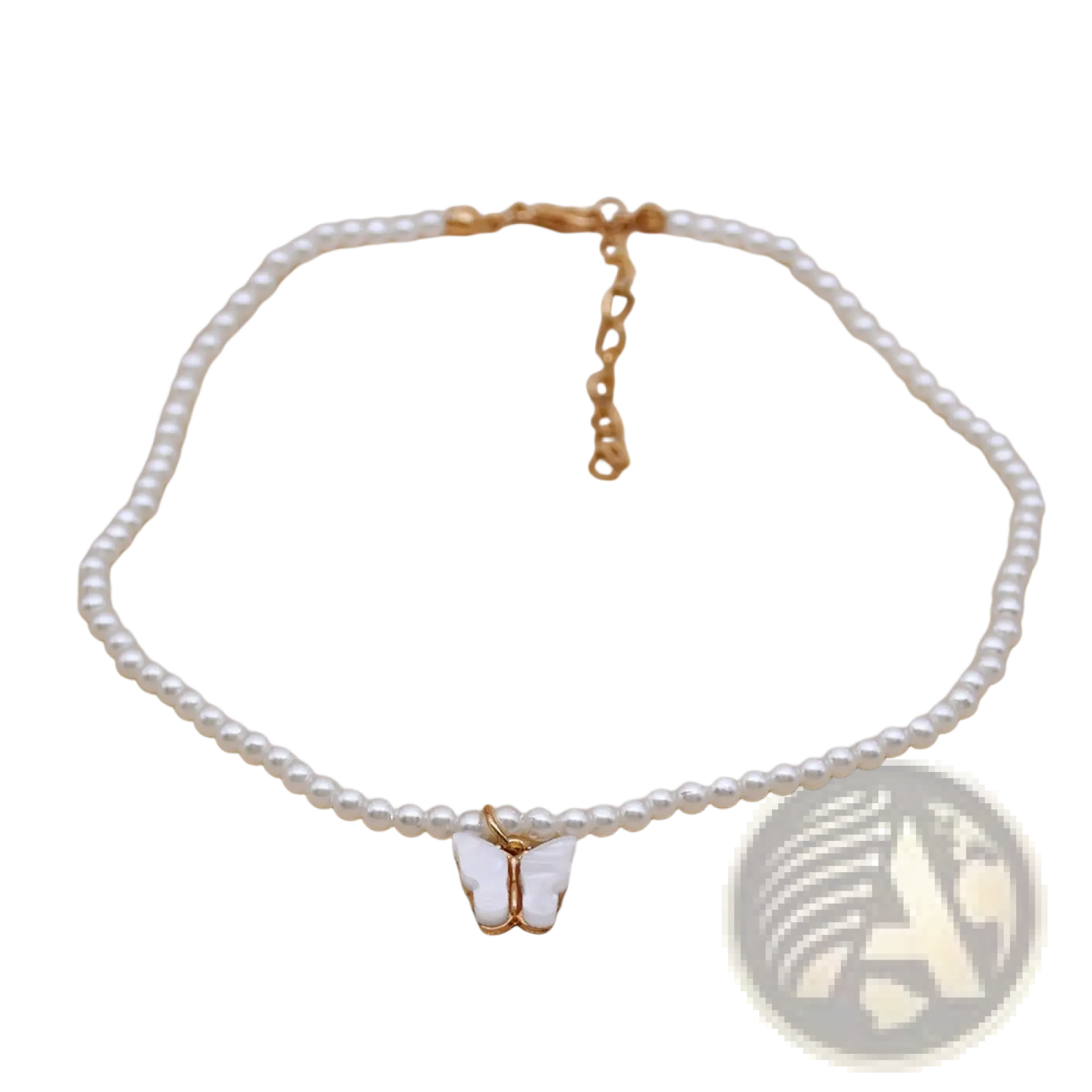 Elegant pearl butterfly charm choker necklace with white pearls and a small gold-toned butterfly pendant