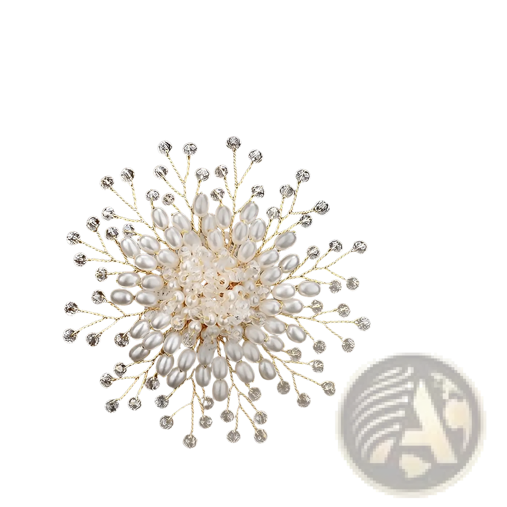 Elegant pearl and crystal floral brooch accessory with gold-toned radiant flower design featuring white pearls and clear crystals