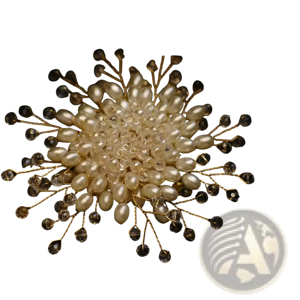 Elegant pearl and crystal floral brooch accessory with gold tone featuring cream pearls and clear crystal sunburst design