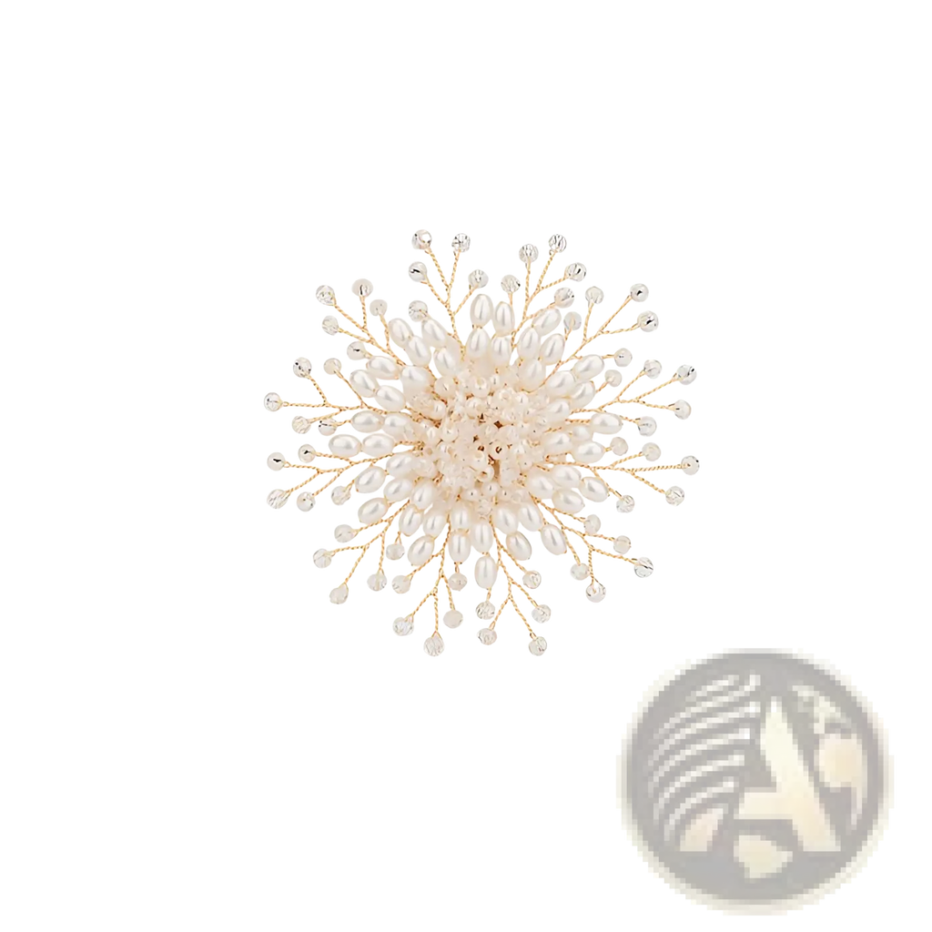 Elegant pearl and crystal floral brooch in gold tone featuring intricate design with white pearls and clear crystals