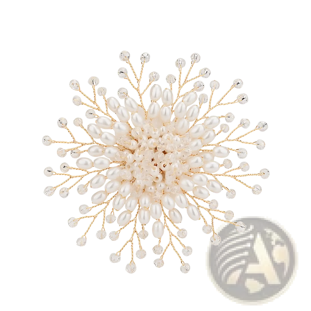 Elegant pearl and crystal floral brooch in gold tone with layered white pearls and clear crystal bead accents