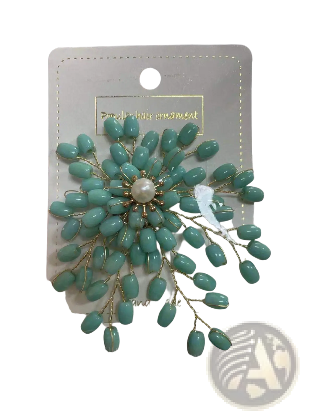 Elegant pearl and crystal floral brooch accessory featuring a delicate mint-green beaded flower with gold wire accents