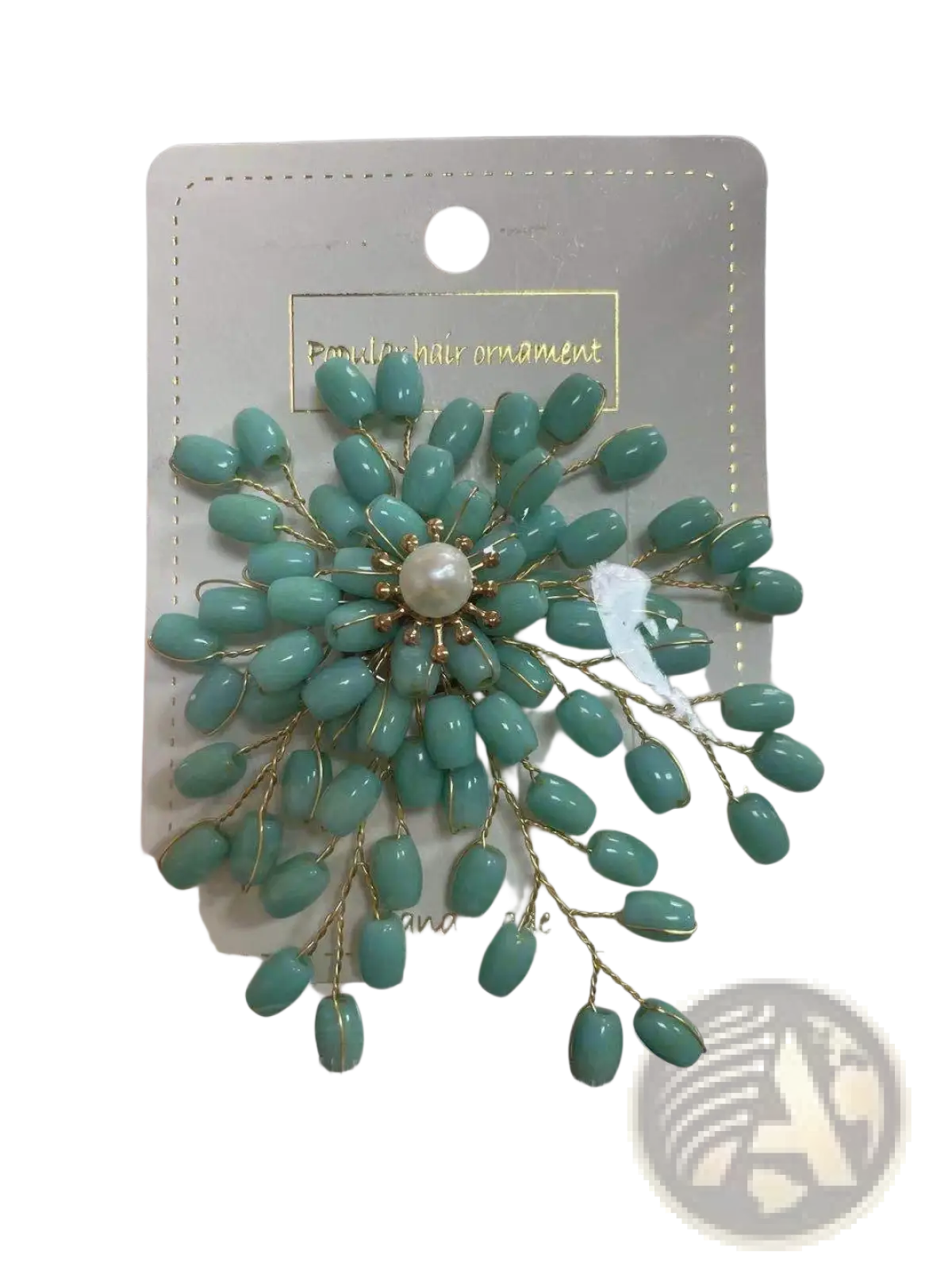 Elegant pearl and crystal floral brooch accessory featuring a delicate mint-green beaded flower with gold wire accents
