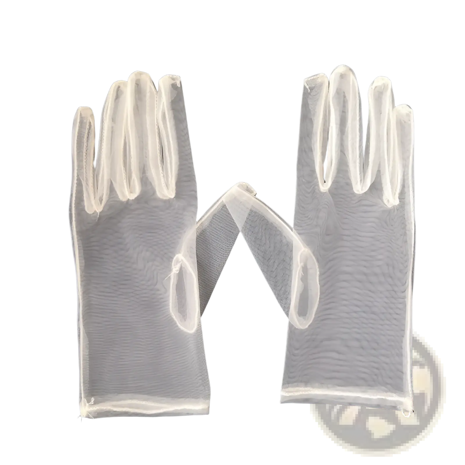 Elegant pearl embellished sheer white mesh bridal gloves with delicate semi-transparent texture and finished edges