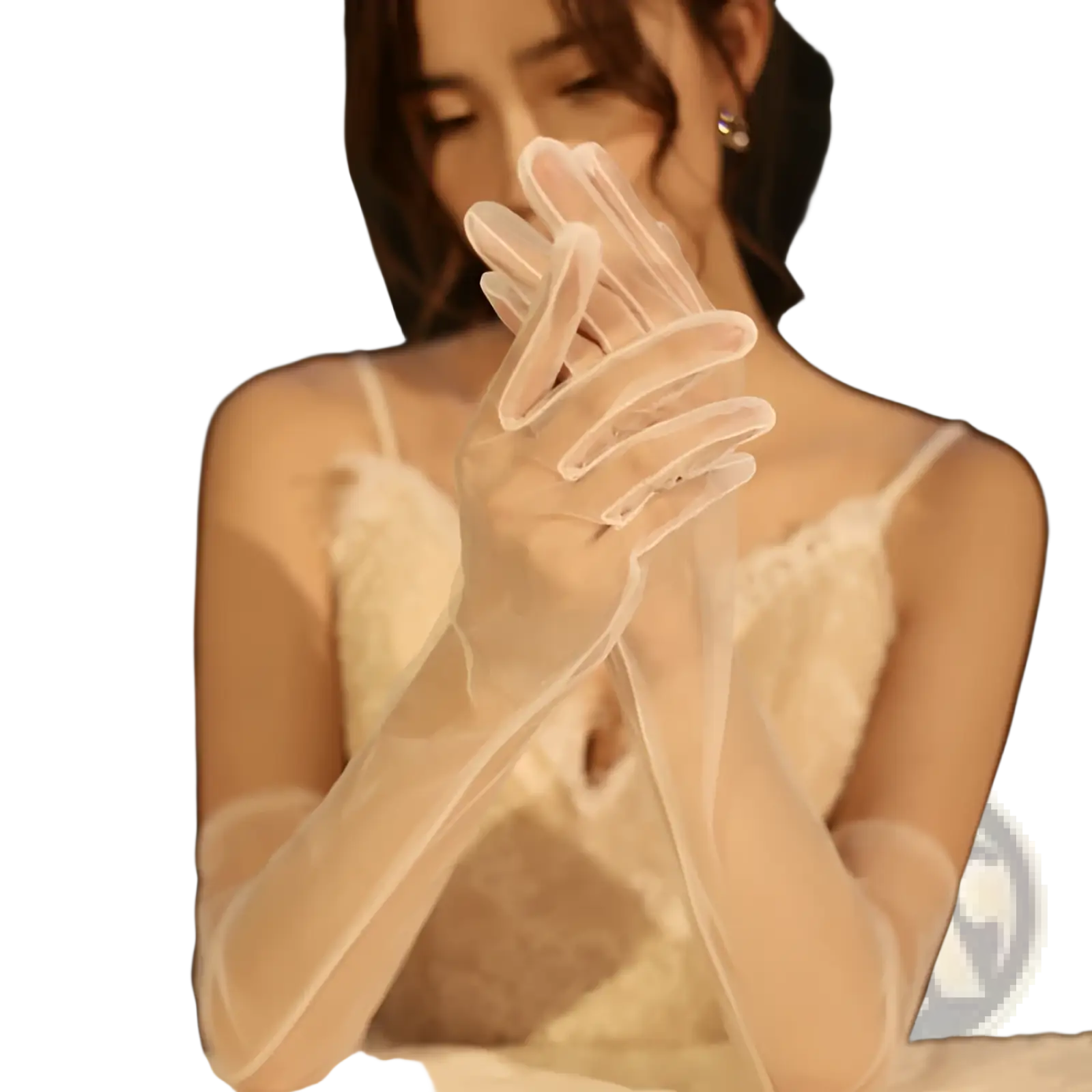 Elegant pearl embellished sheer mesh bridal gloves in delicate white lace with a soft flowing design