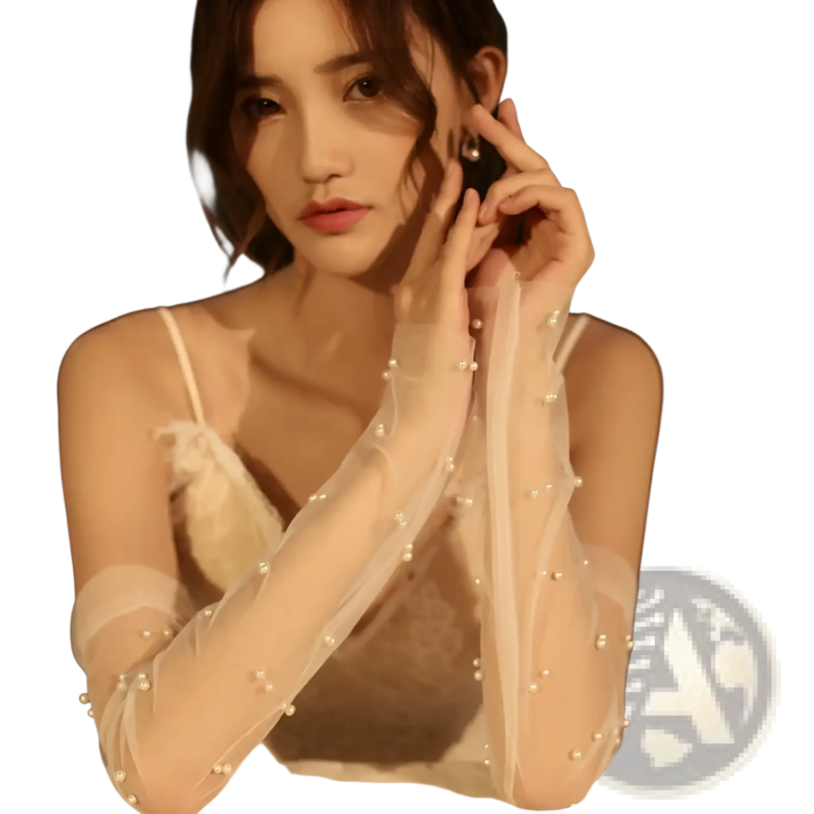 Elegant pearl embellished sheer off-white mesh bridal gloves with delicate pearls along each finger shown from the back