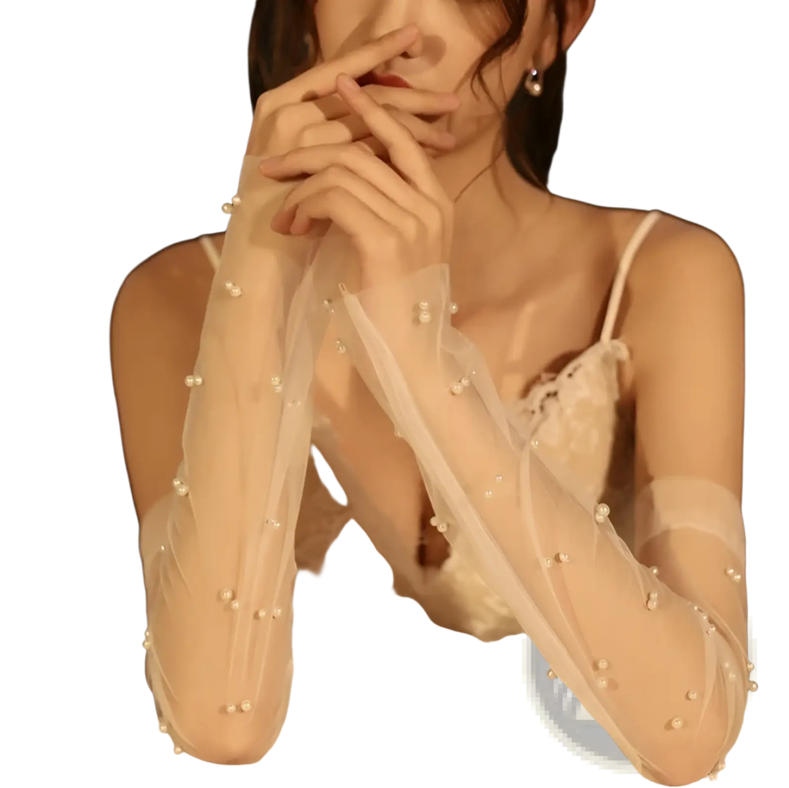 Elegant white sheer mesh bridal gloves adorned with scattered pearl-like beads showcasing delicate embellishments