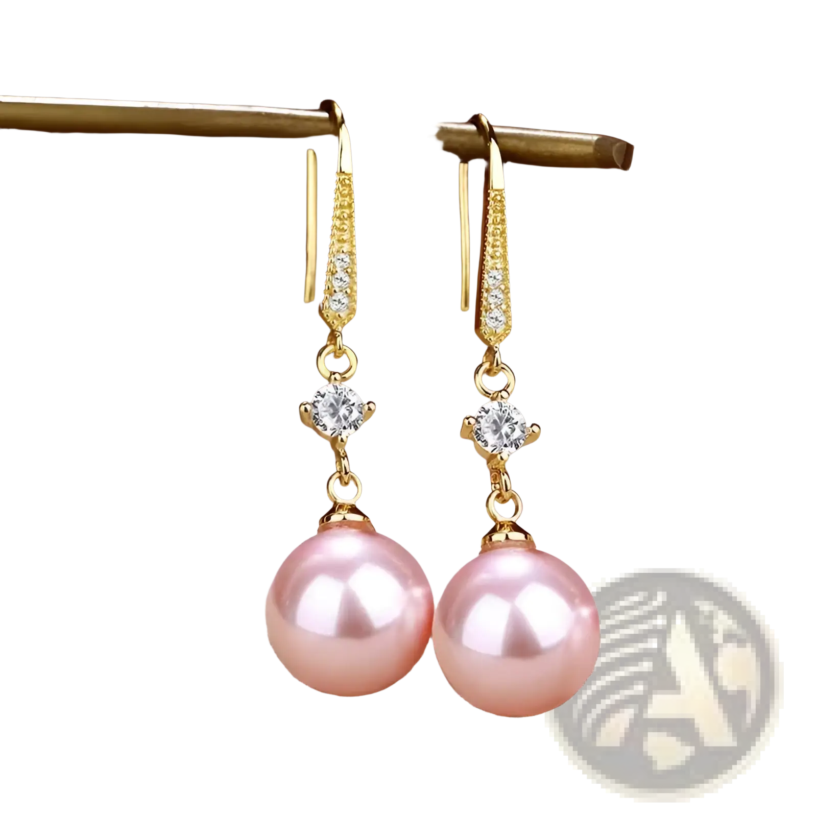 Elegant pearl and pave diamond drop earrings with gold-toned hooks featuring sparkling diamonds and pink pearls