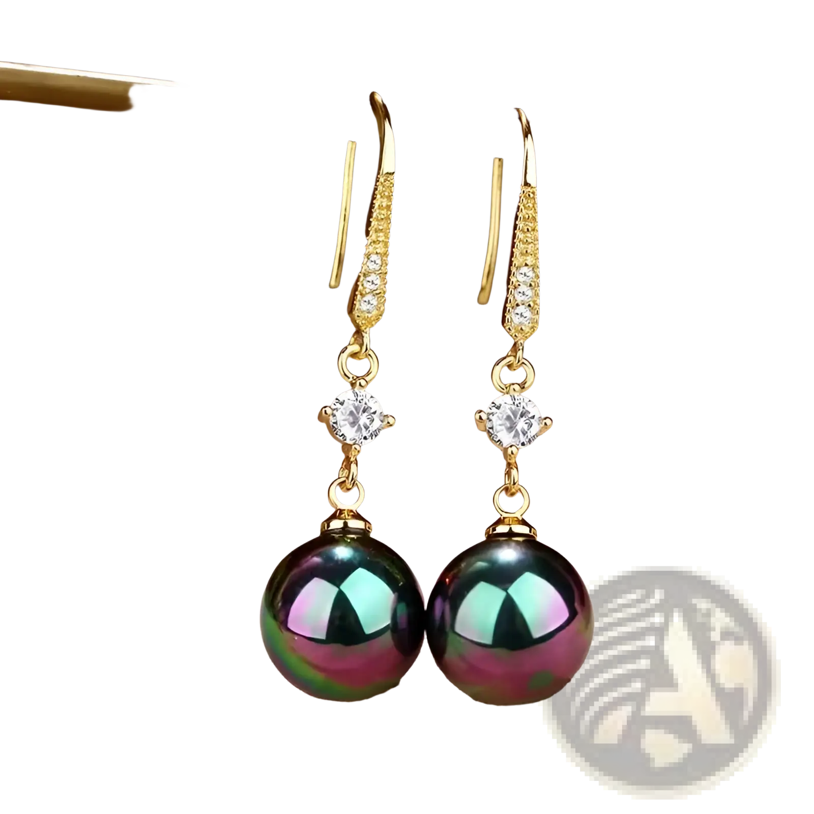 Elegant pearl and pave diamond drop earrings in gold tone with black pearls showing green and purple iridescence
