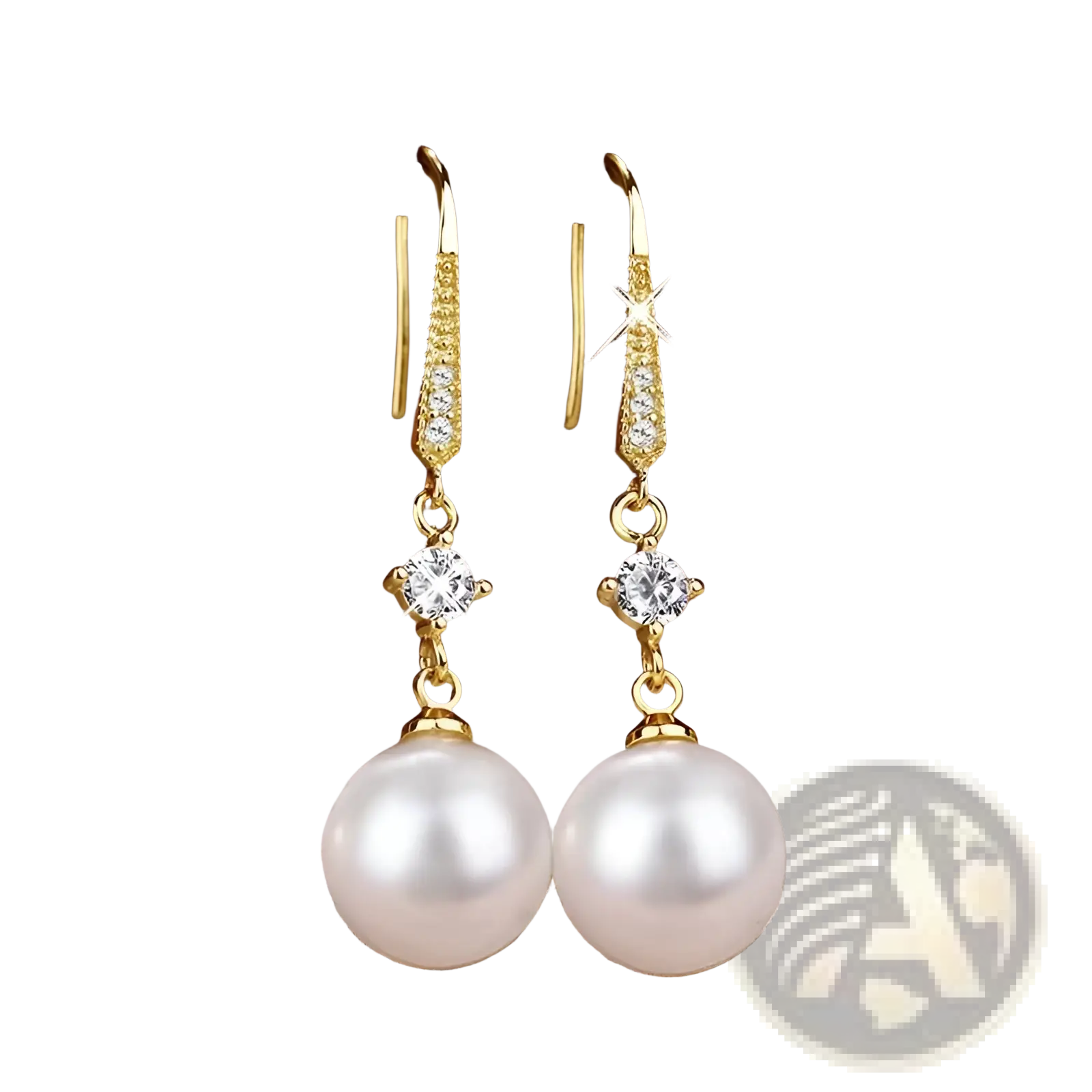 Elegant pearl and pave diamond drop earrings in gold tone featuring round-cut clear gemstones and dangling white pearls