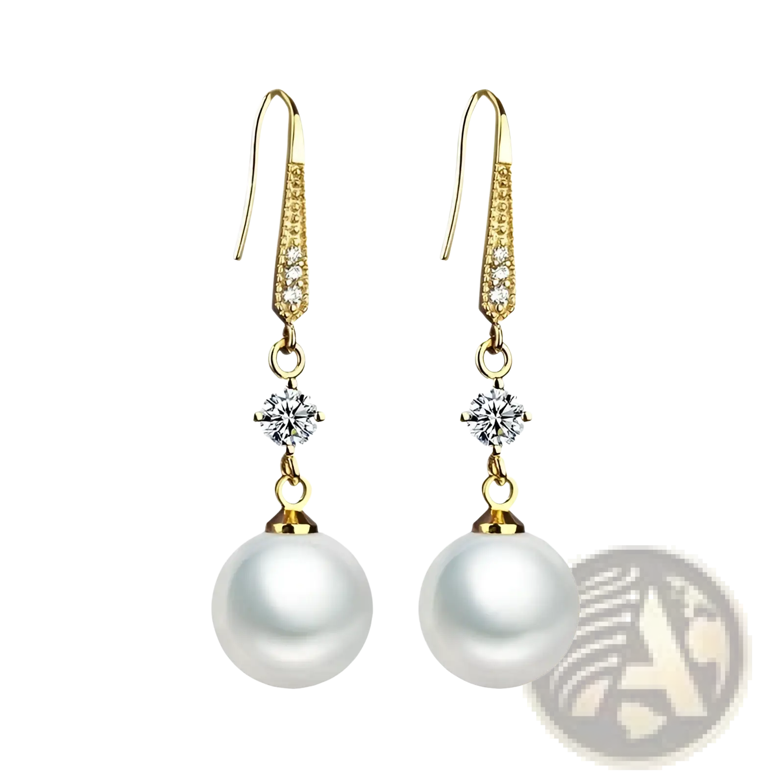 Elegant gold-toned drop earrings featuring pave diamonds along the hook and a single round white pearl drop