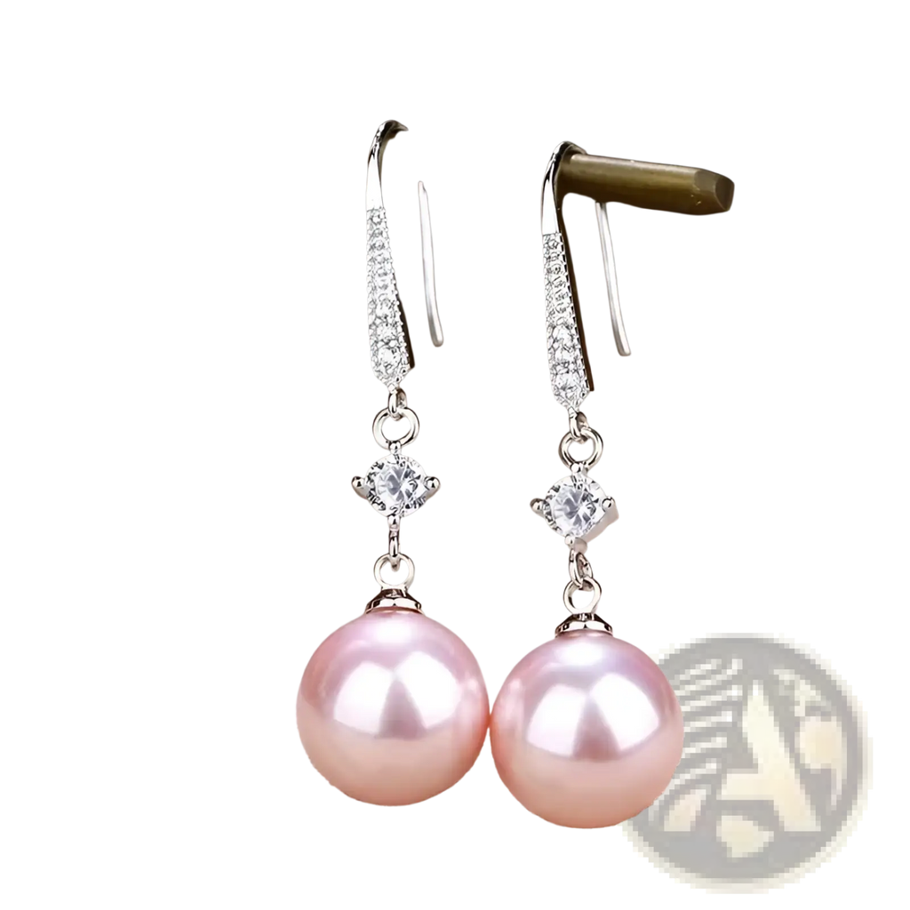 Elegant pearl and pave diamond drop earrings in silver featuring a pave diamond hook, clear crystal, and pink pearls