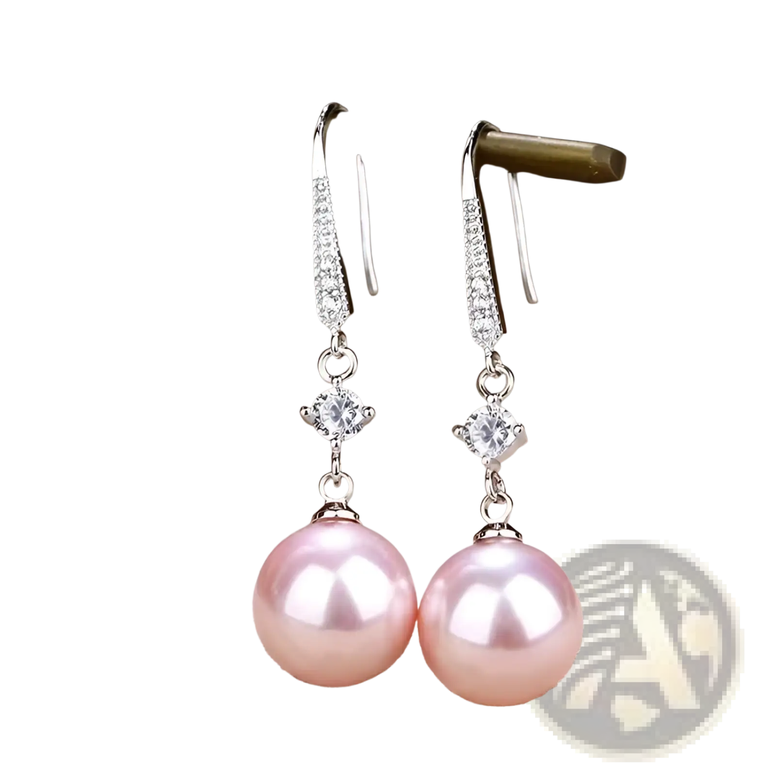 Elegant pearl and pave diamond drop earrings with silver hooks, clear crystals, and dangling pink pearls
