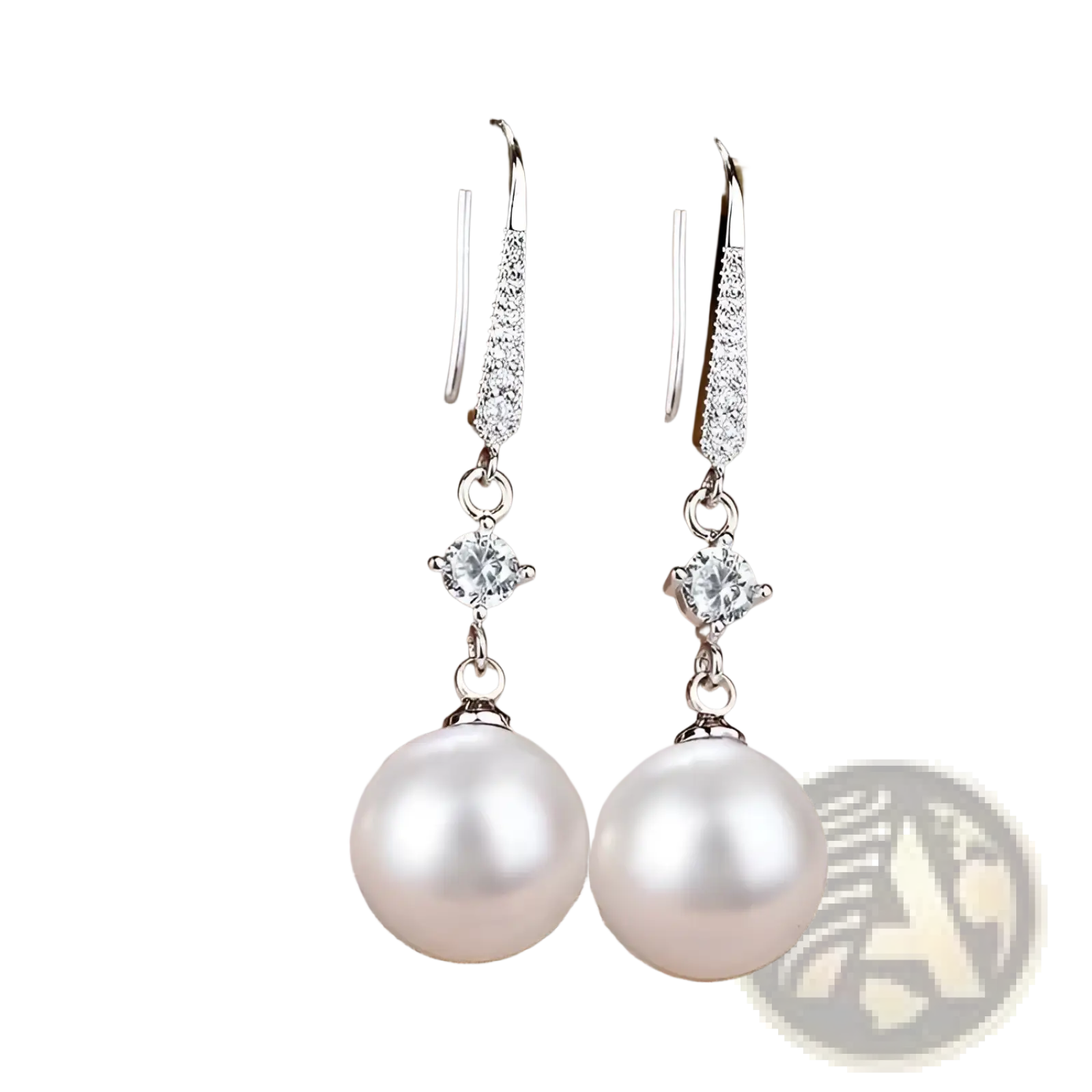 Elegant pearl and pave diamond drop earrings featuring silver dangle hooks with clear crystals and white pearls