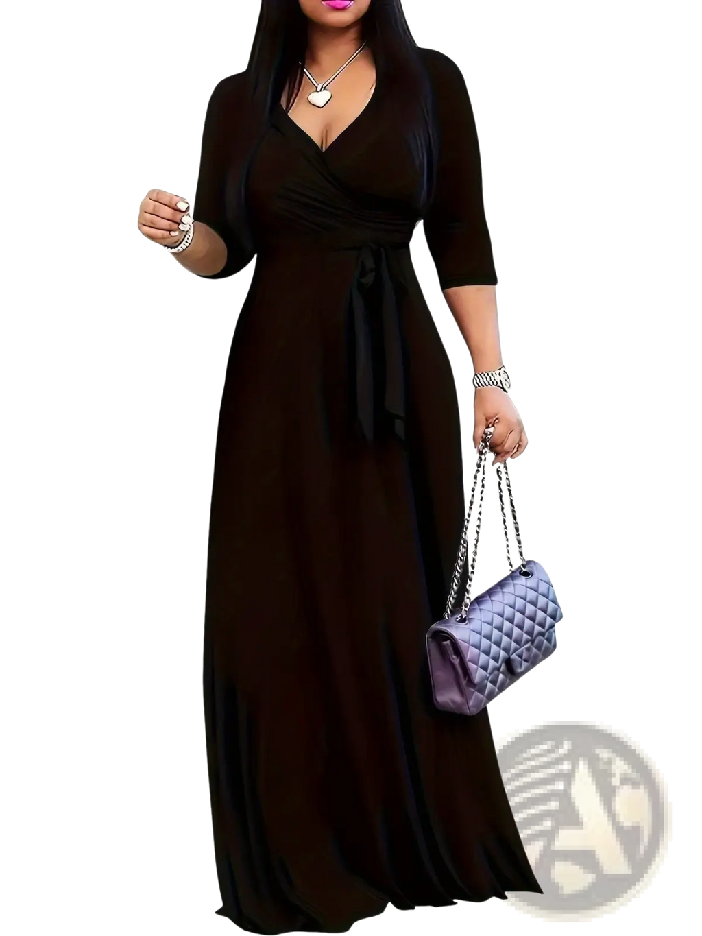 Black satin wrap dress with three quarter sleeves and cinched waist belt shown from the front