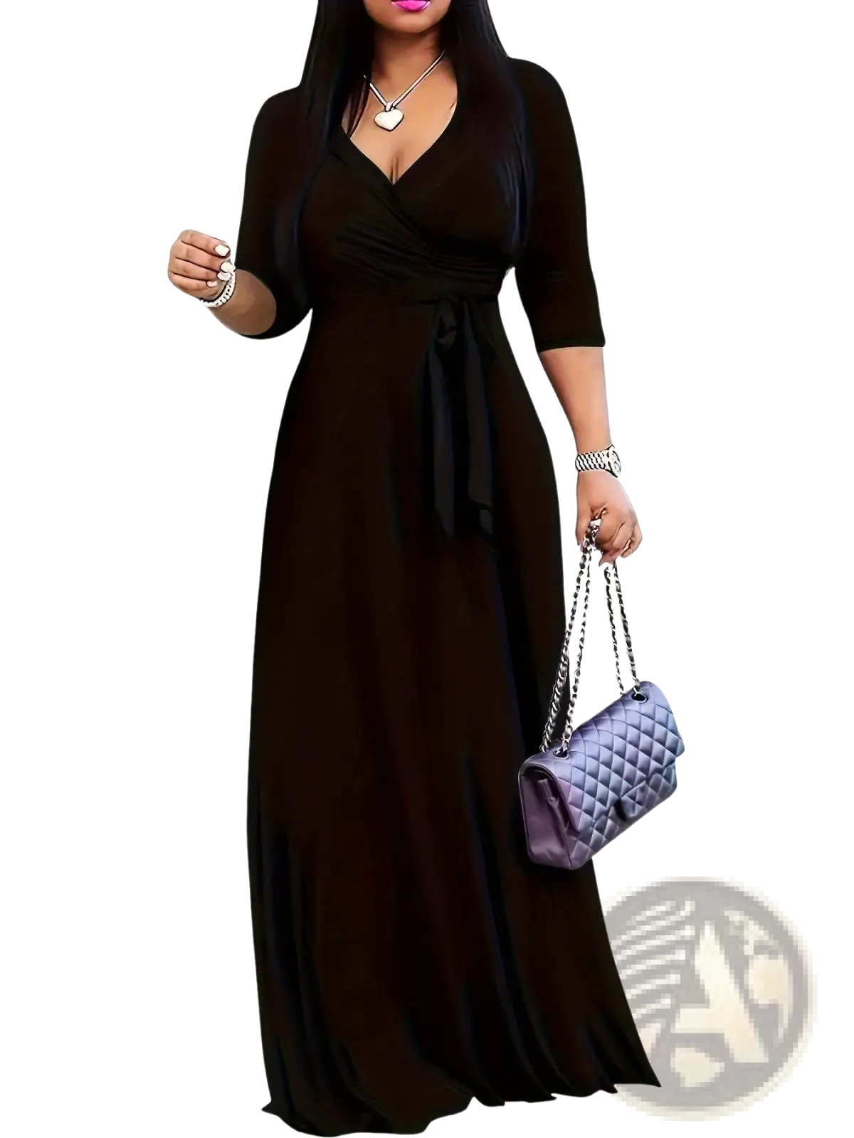Black satin wrap dress with three quarter sleeves and cinched waist belt shown from the front