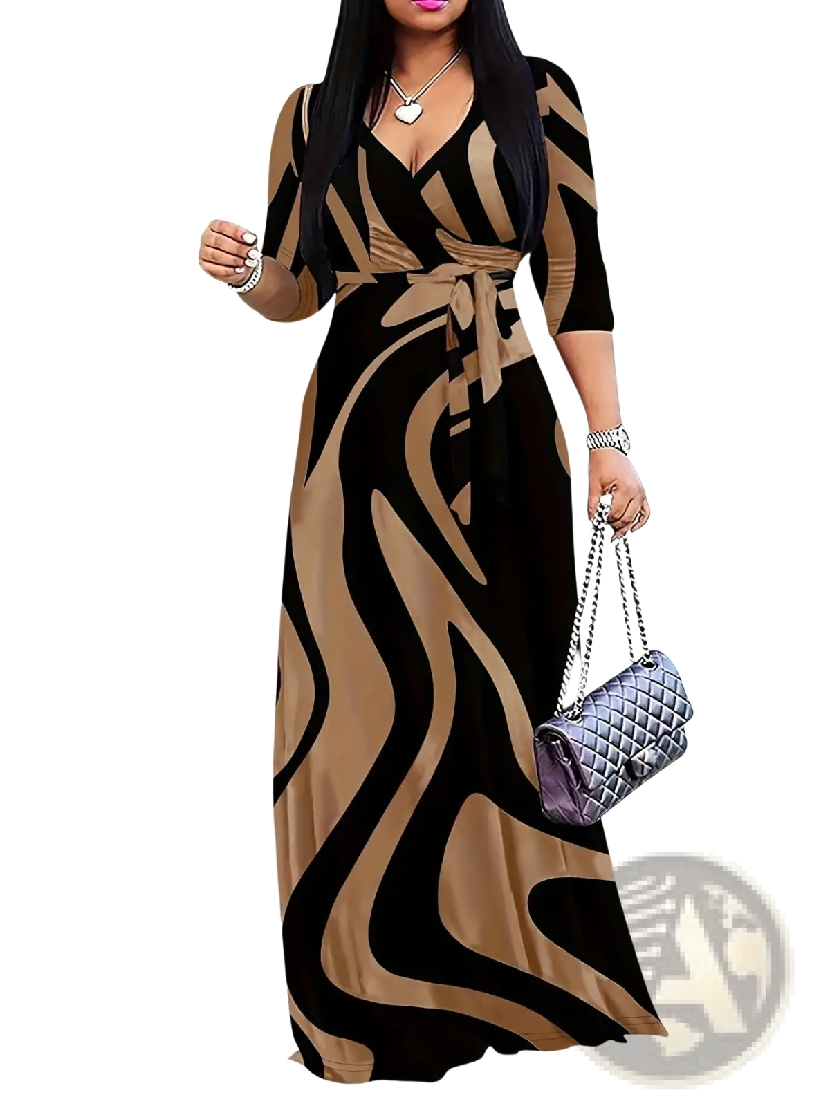Elegant printed three quarter sleeve maxi dress in black and tan abstract wave pattern with wrap design