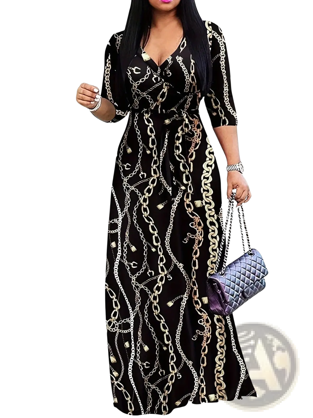 Elegant printed three quarter sleeve black maxi dress with plunging neckline and gold silver metallic chain pattern
