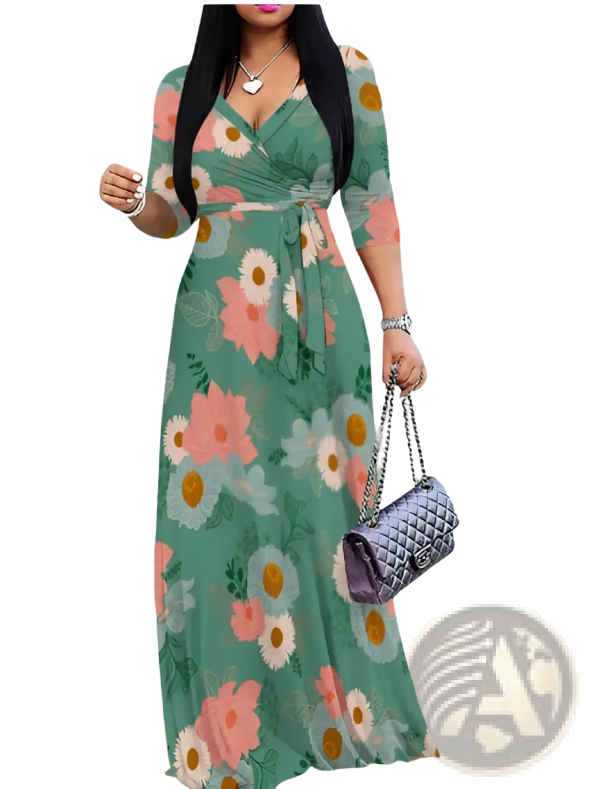Elegant printed three quarter sleeve maxi dress in flowing green fabric with pink and white floral blossoms and v-neckline