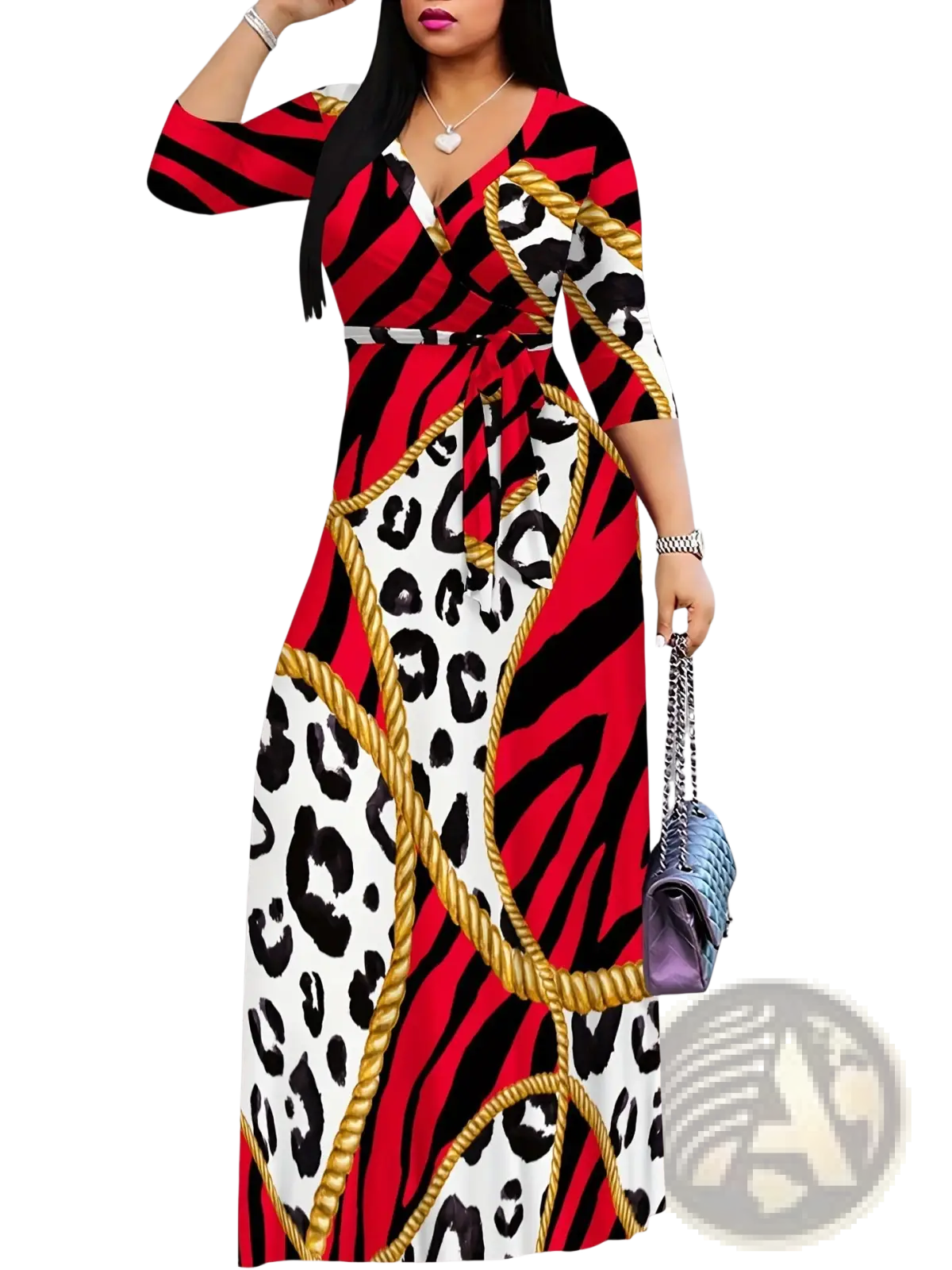 Elegant printed three quarter sleeve maxi dress with vibrant red black white leopard and zebra print and gold rope accents