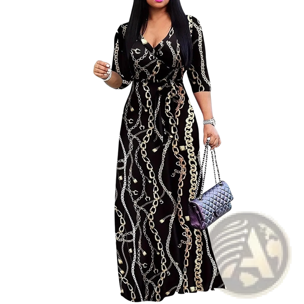 Elegant printed black maxi dress with v-neckline three-quarter sleeves and all-over silver chain pattern
