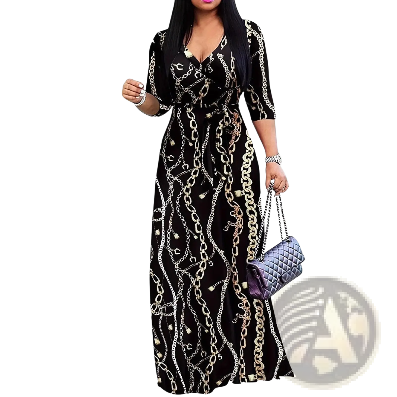 Elegant printed black maxi dress with v-neckline three-quarter sleeves and all-over silver chain pattern