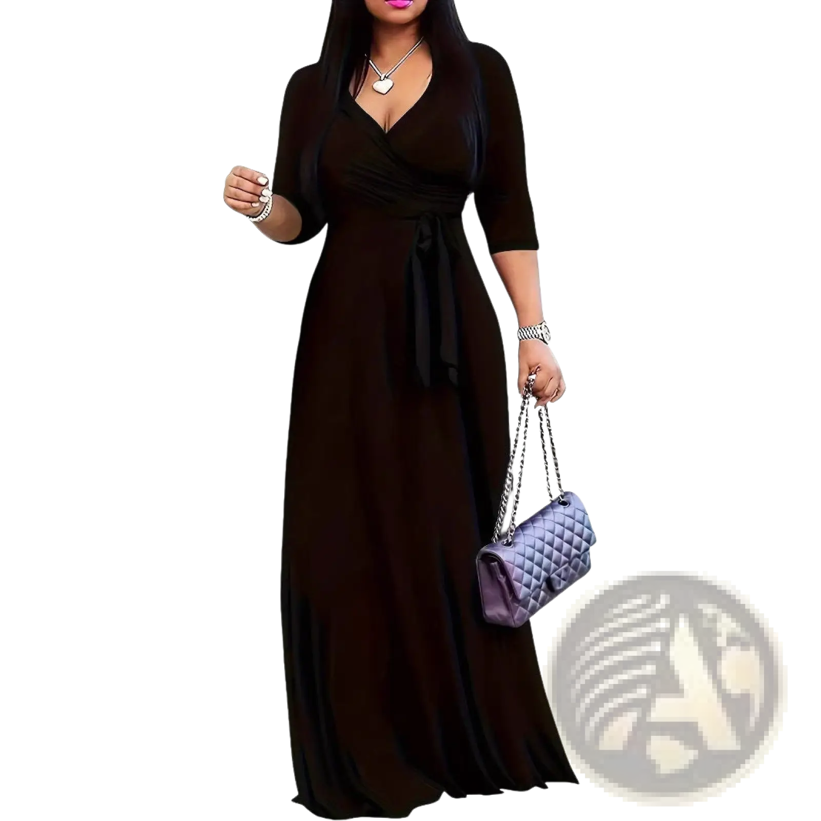 Purple quilted chain-strap handbag made of leather paired with an elegant printed three quarter sleeve maxi dress