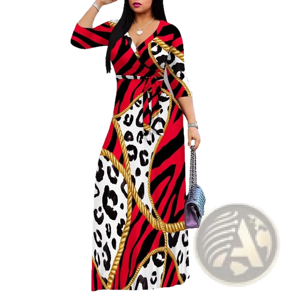 Elegant printed three quarter sleeve maxi dress with vibrant red black and white zebra and leopard prints and gold rope detailing