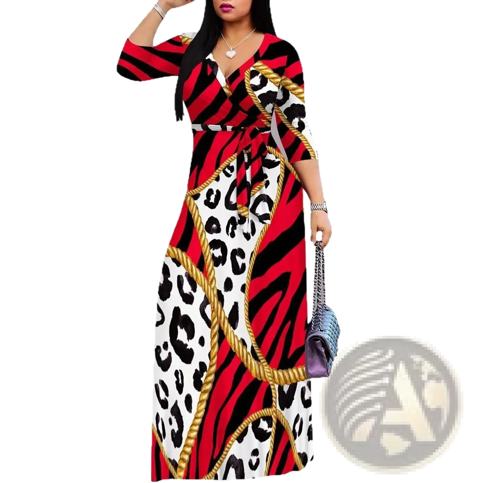 Elegant printed three quarter sleeve maxi dress with vibrant red black and white zebra and leopard prints and gold rope detailing