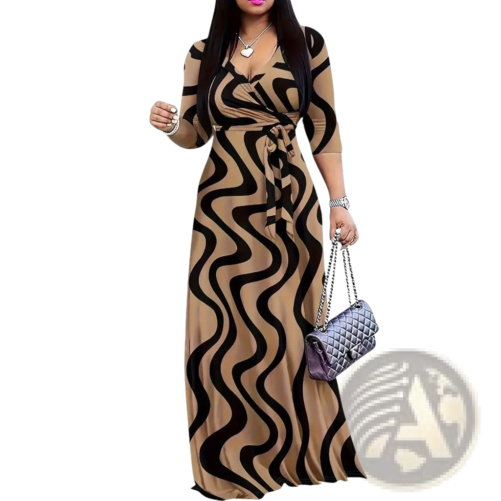 Elegant printed three quarter sleeve maxi dress in beige and black wavy pattern with wrap-around front design