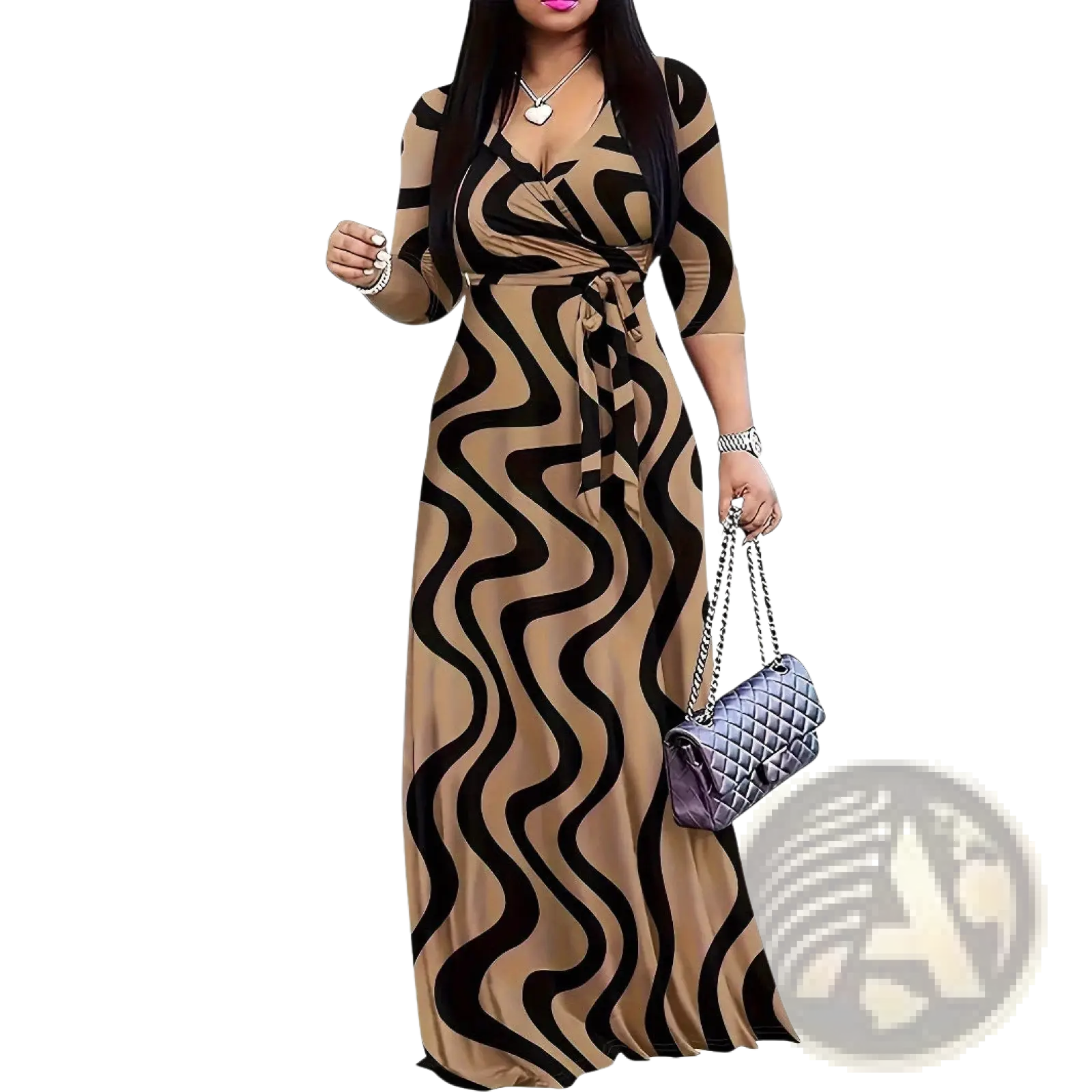 Elegant printed three quarter sleeve maxi dress in beige and black wavy pattern with wrap-around front design