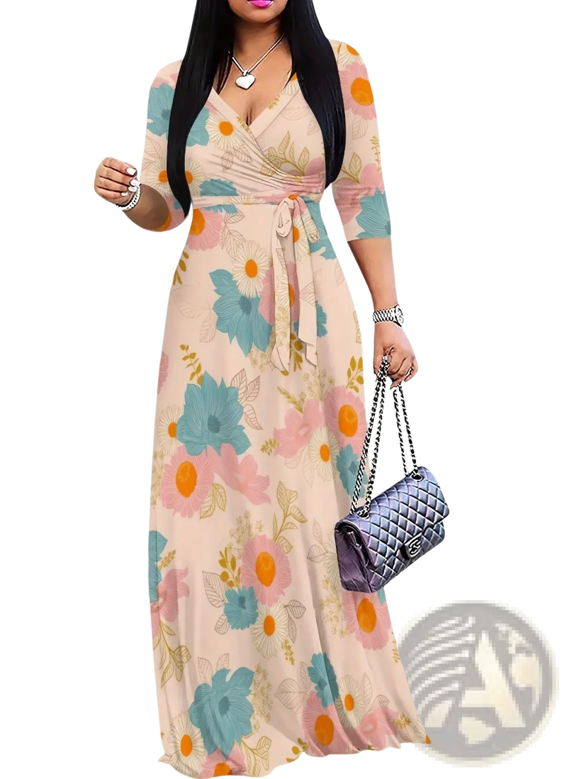 Elegant printed three quarter sleeve maxi dress in soft peach with vibrant blue and orange floral print