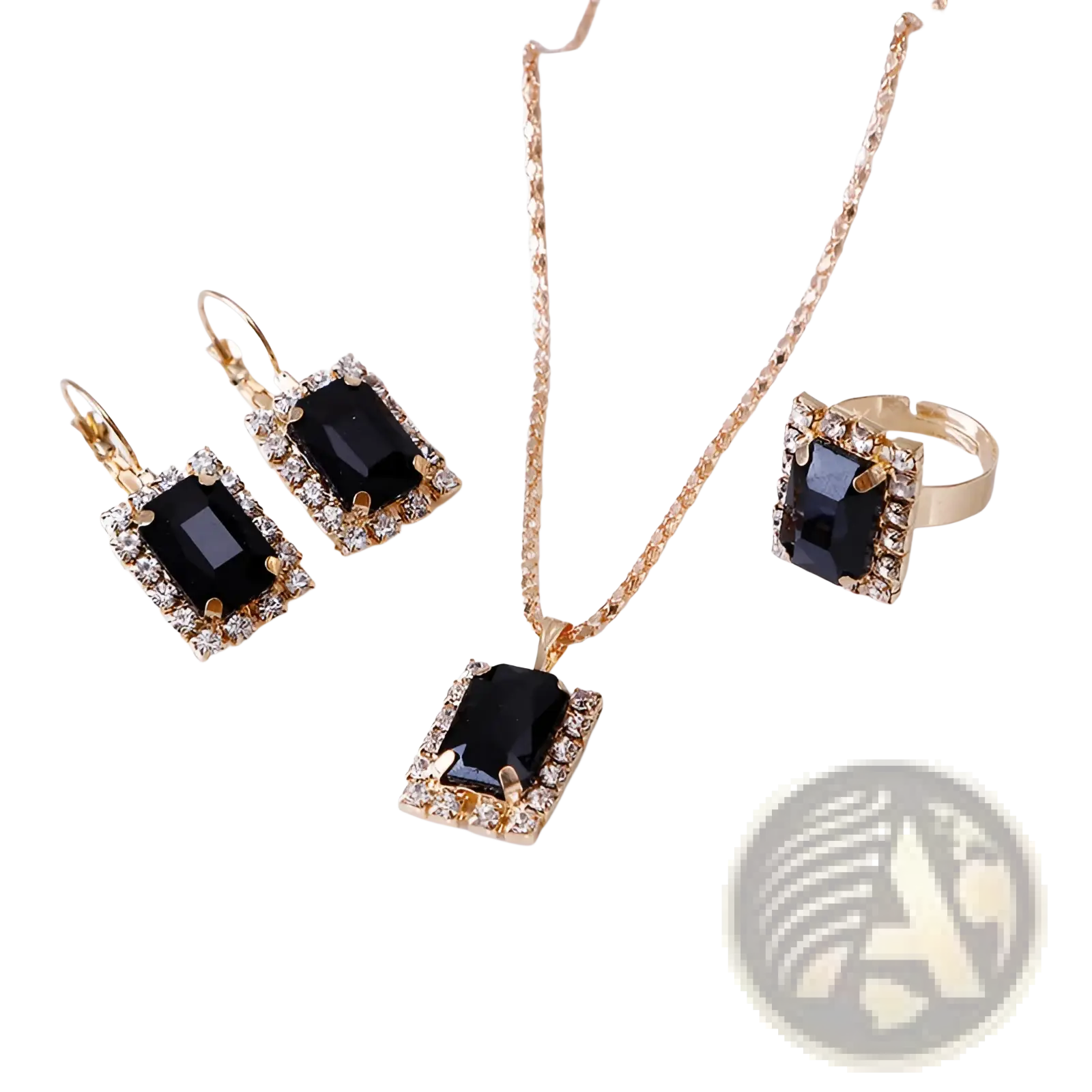 Elegant rectangular gemstone gold jewelry three piece set featuring black gemstones and clear crystal accents