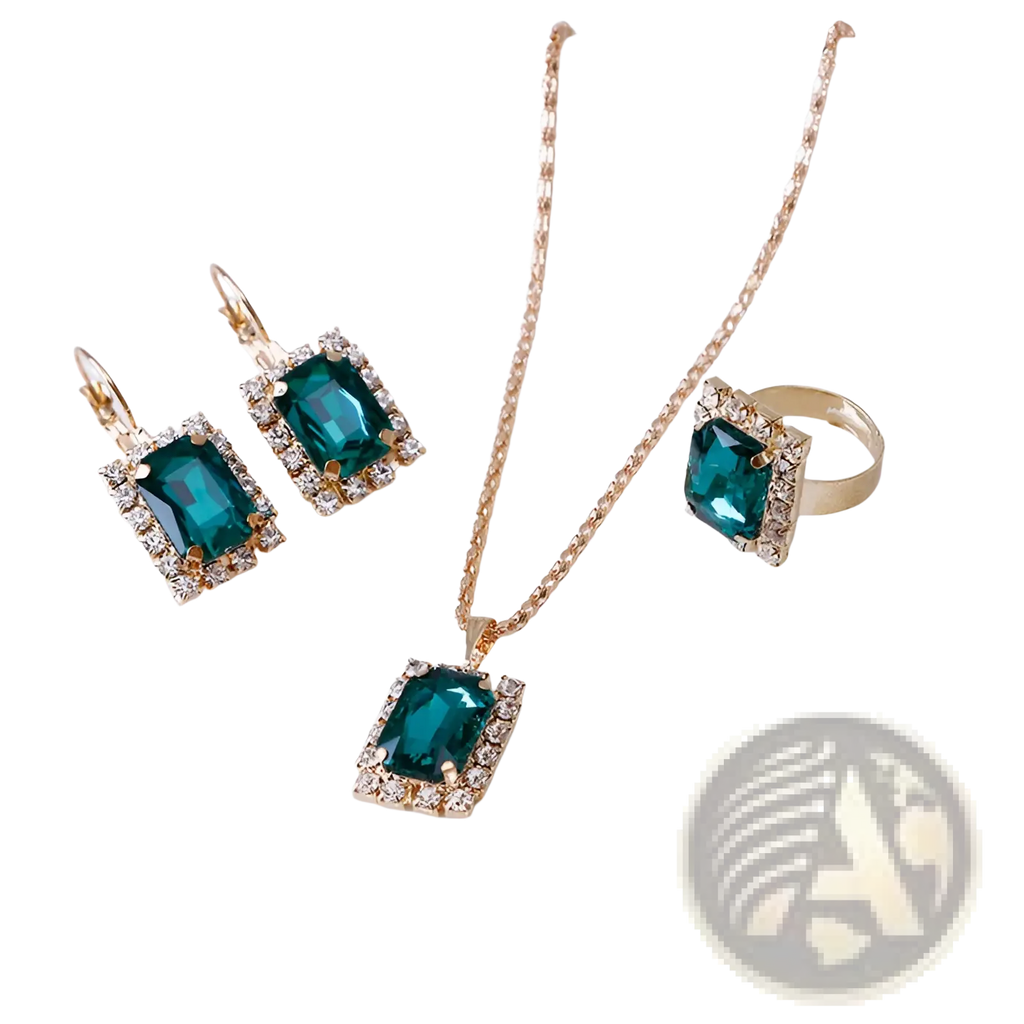 Elegant rectangular emerald green gemstone jewelry three piece set with gold tone metal and diamond accents