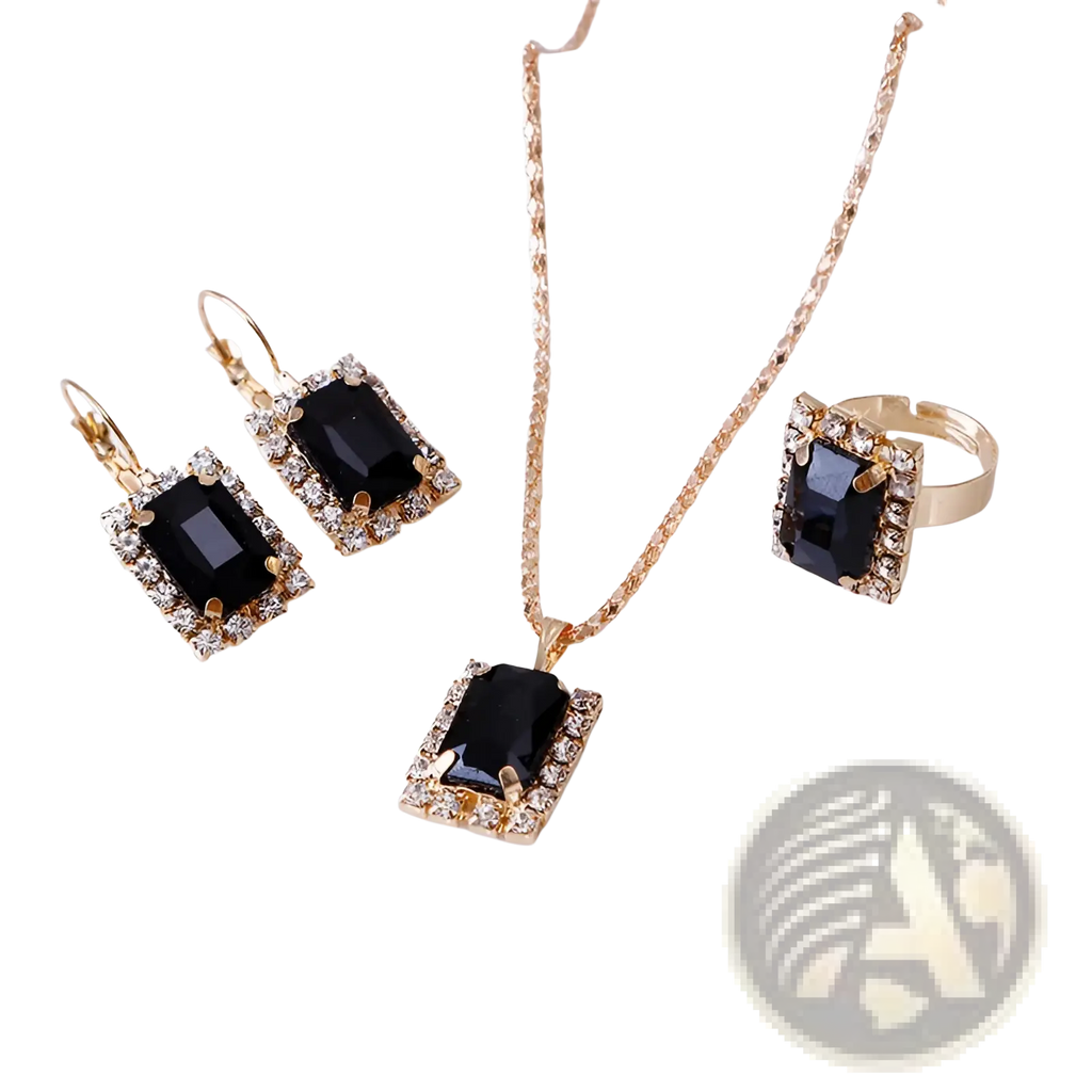 Elegant rectangular gemstone gold jewelry three piece set with black rectangular stones and clear crystal accents