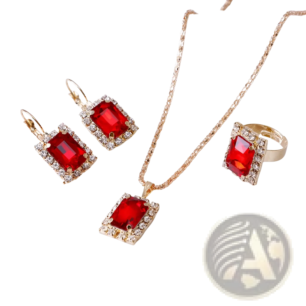 Elegant rectangular red gemstone jewelry three piece set with gold tone metal and sparkling diamond accents