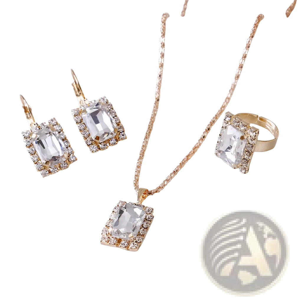 Elegant rectangular gemstone gold jewelry three piece set with clear rectangular crystals and rhinestones on chain earrings and ring