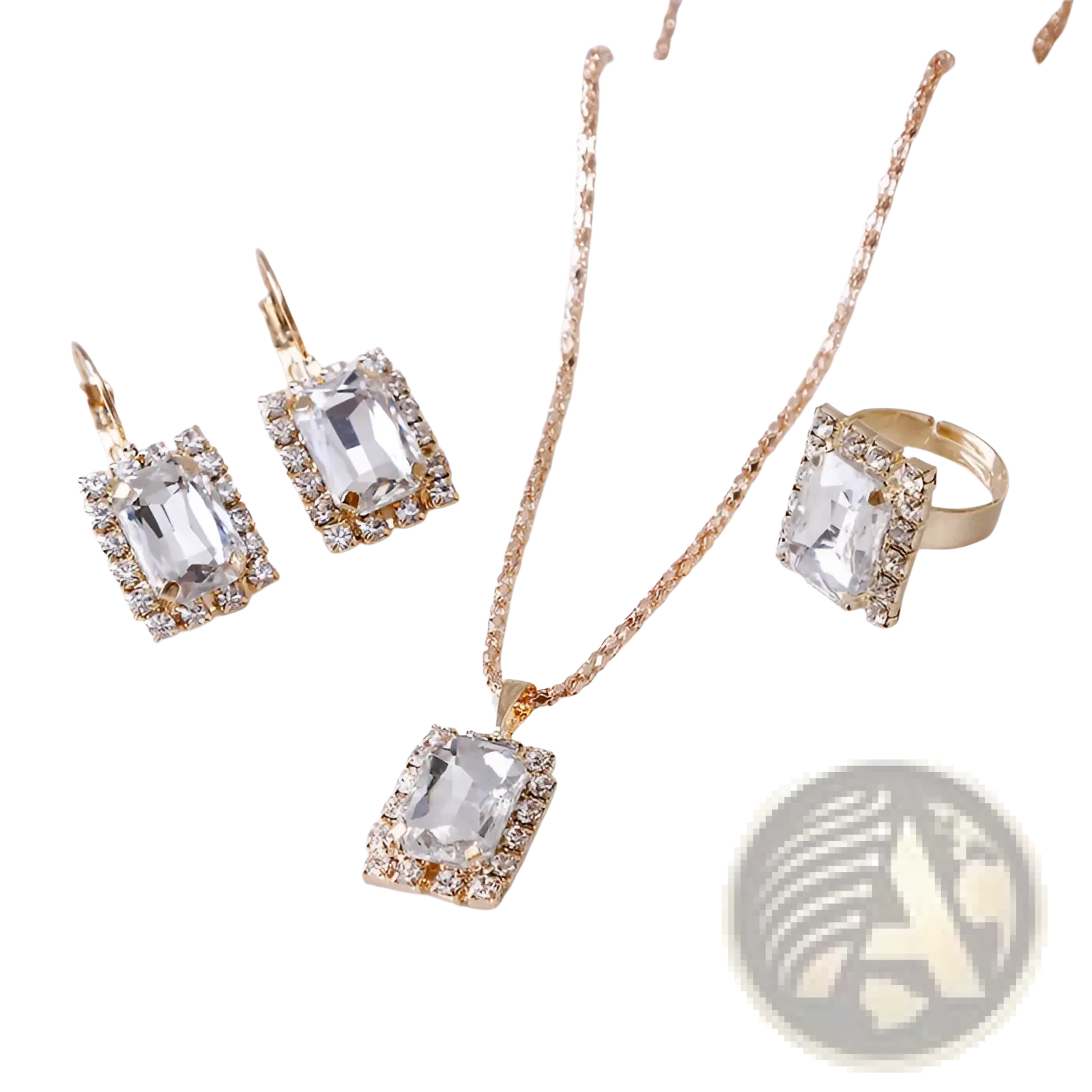 Elegant rectangular gemstone gold jewelry three piece set with clear rectangular crystals and rhinestones on chain earrings and ring