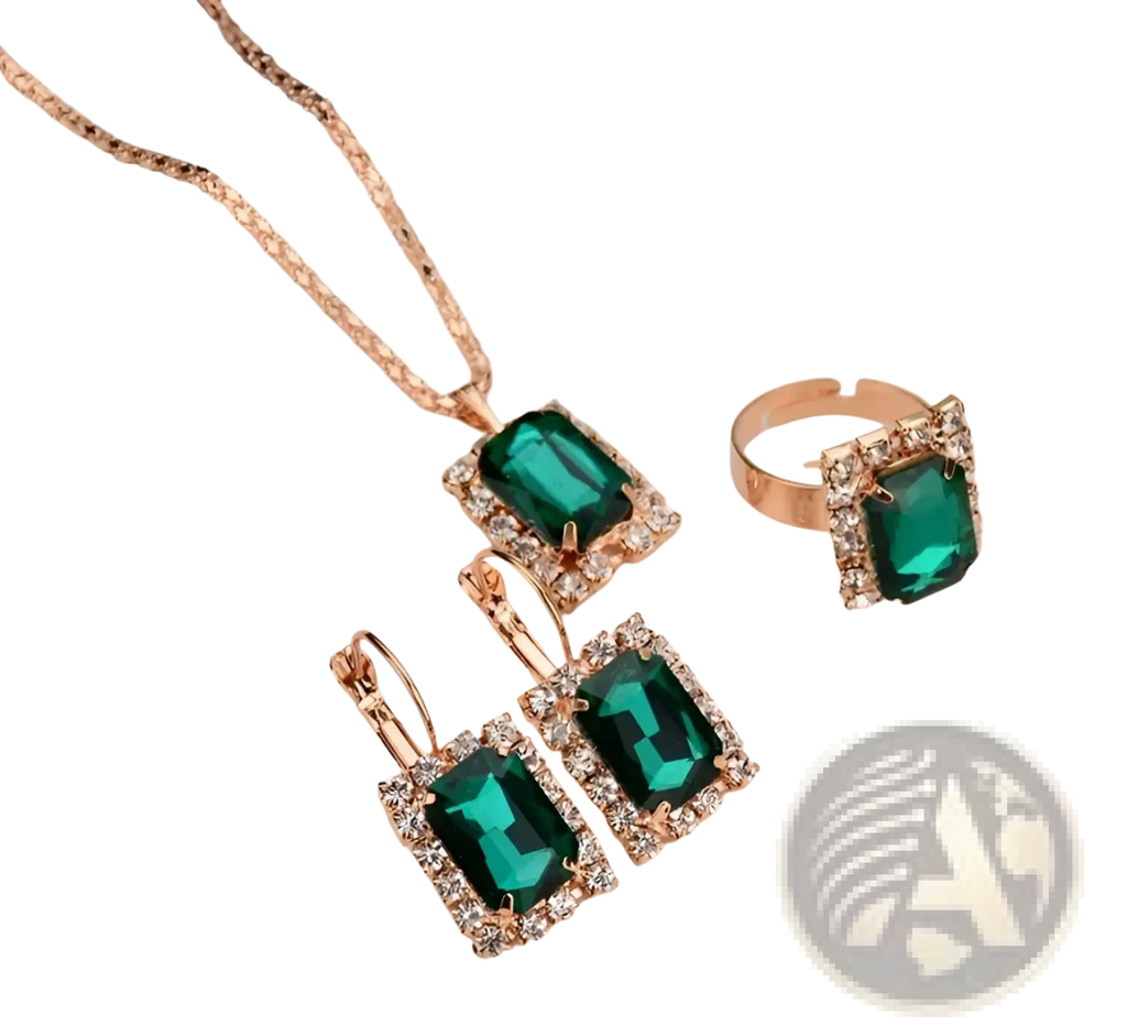 Elegant rectangular gemstone gold jewelry three piece set featuring emerald green stones with rose gold and diamond accents