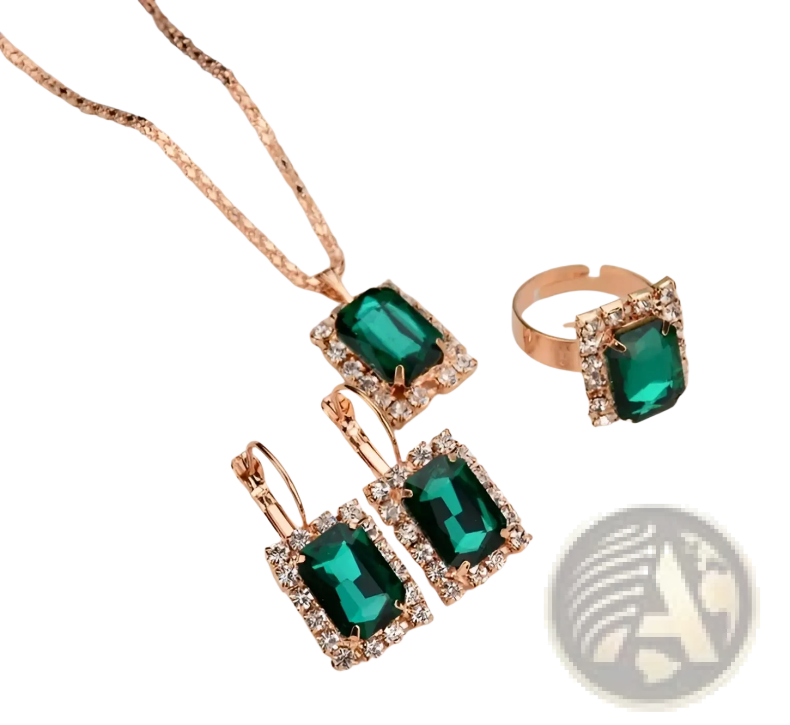 Elegant rectangular gemstone gold jewelry three piece set featuring emerald green stones with rose gold and diamond accents