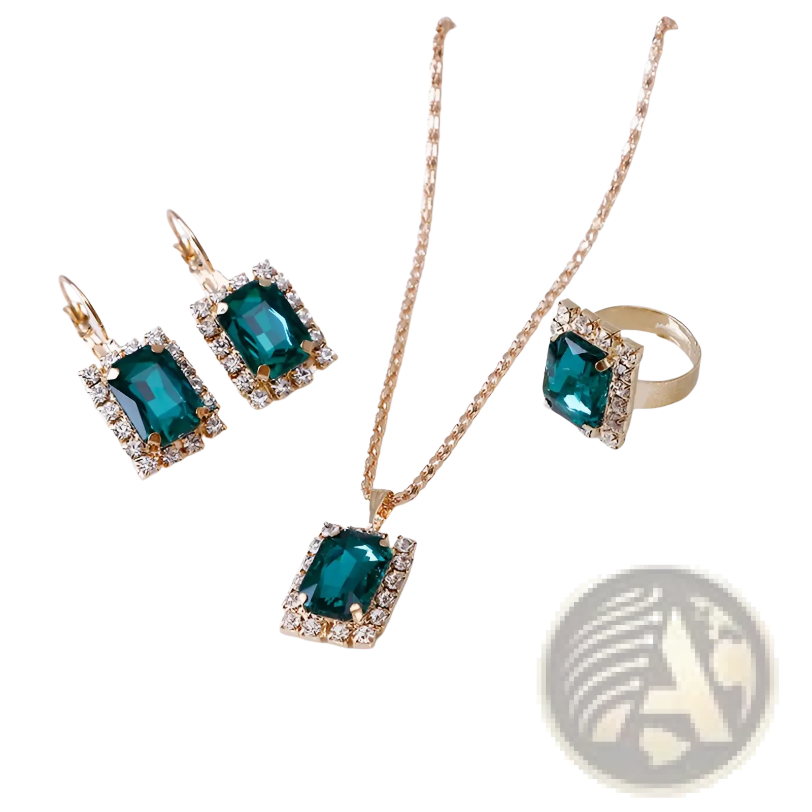 Elegant rectangular emerald green gemstone gold jewelry three piece set with clear crystal accents
