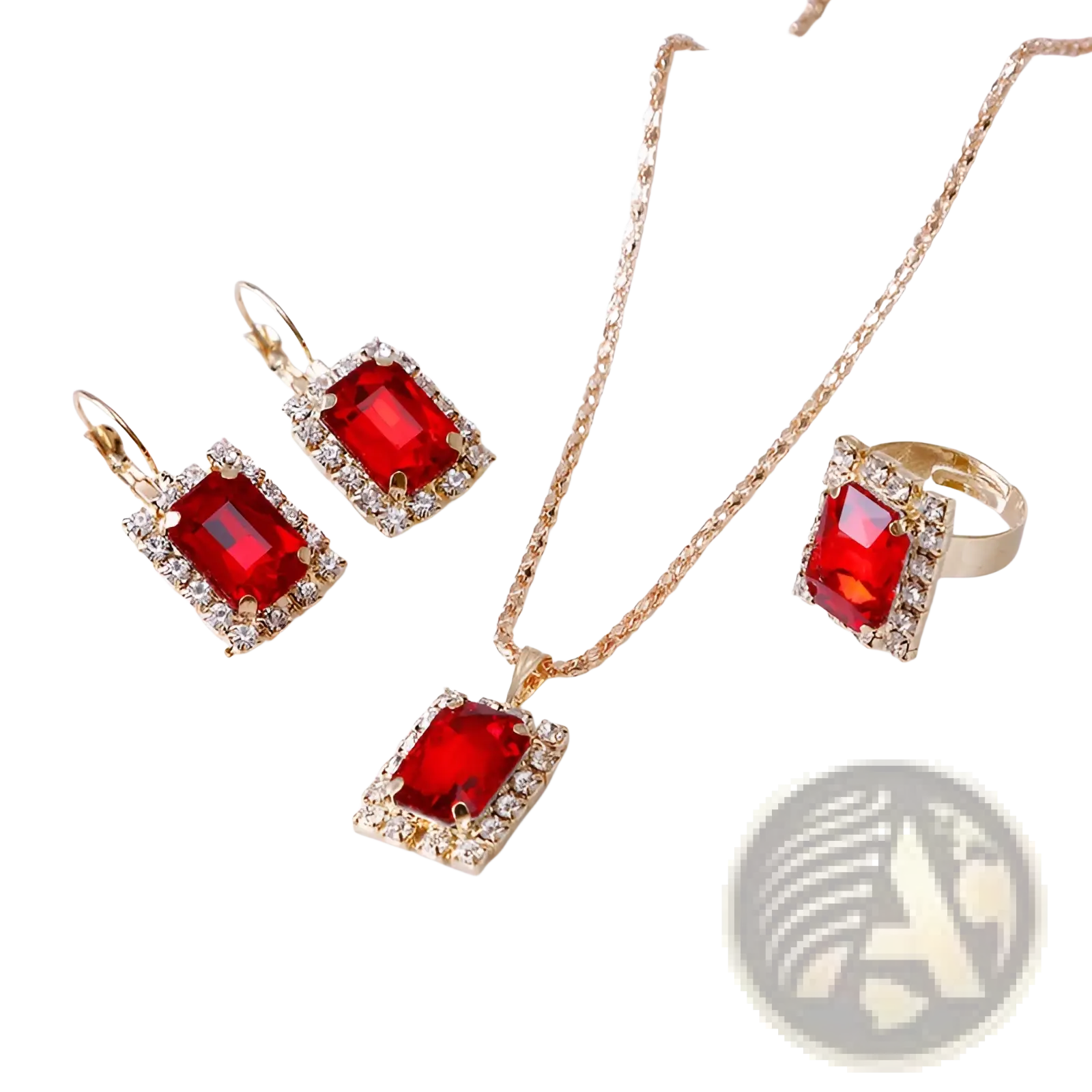 Elegant rectangular red gemstone three piece jewelry set with gold-tone metal and sparkling diamond accents