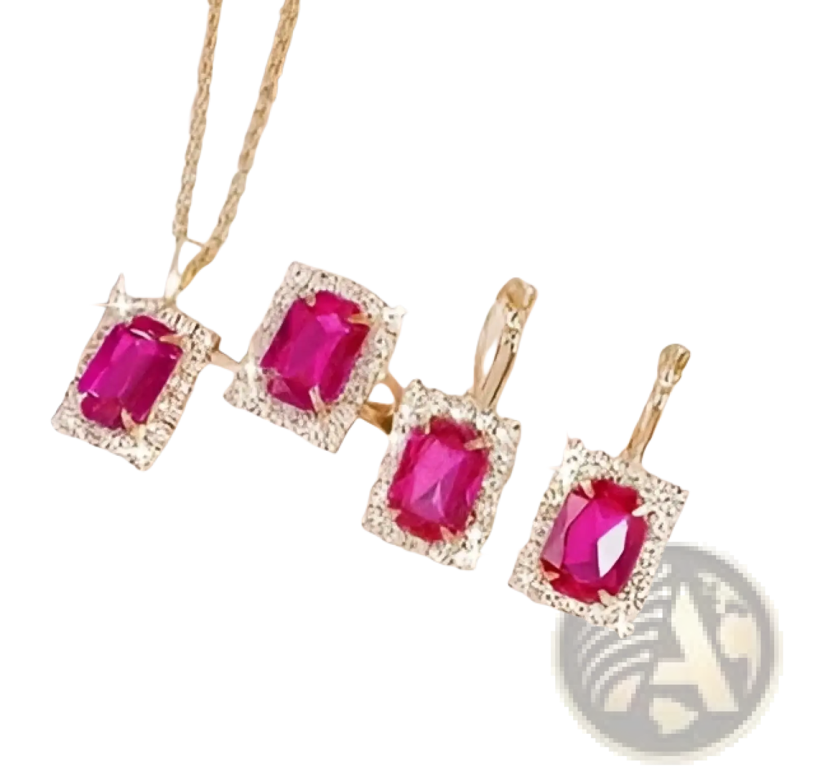 Elegant rectangular gemstone gold jewelry three piece set with vibrant pink gemstones and clear crystal accents
