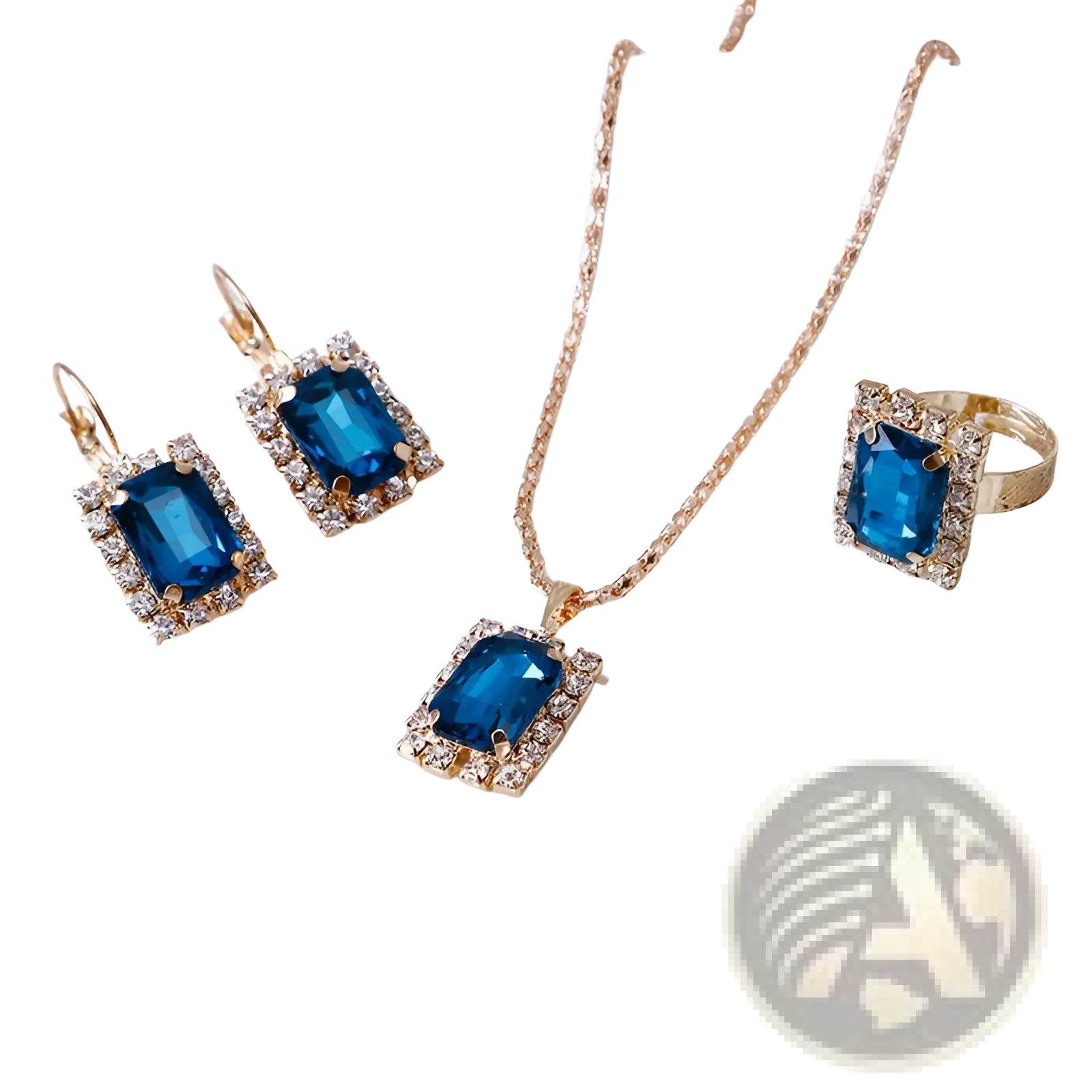 Elegant rectangular gemstone gold jewelry three piece set with matching earrings necklace and ring featuring blue stones